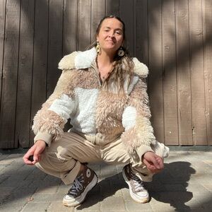 Avec Les Filles Colorblock Faux Fur Bomber Jacket Cozy Sherpa Teddy Coat Large